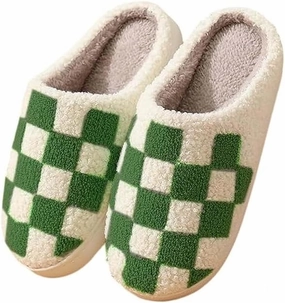 Plaid Slippers, Home Slippers for Women and Men, Fluffy Memory Foam, Indoor/Outdoor, Warm Velvet (green, Adult, Women, 6.5, Numeric, US Footwear Size System, Medium)