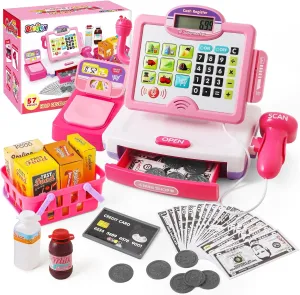 Play Calculator Cash Register Toy Gift for Kids Girls Age 3, 4, 5, 6, 7, 8  Year Old, 57 Pcs Pink Pretend Grocery Store Playset, Incl Microphone, Credit Card, Scanner, Fake Food, Play Money for Kids