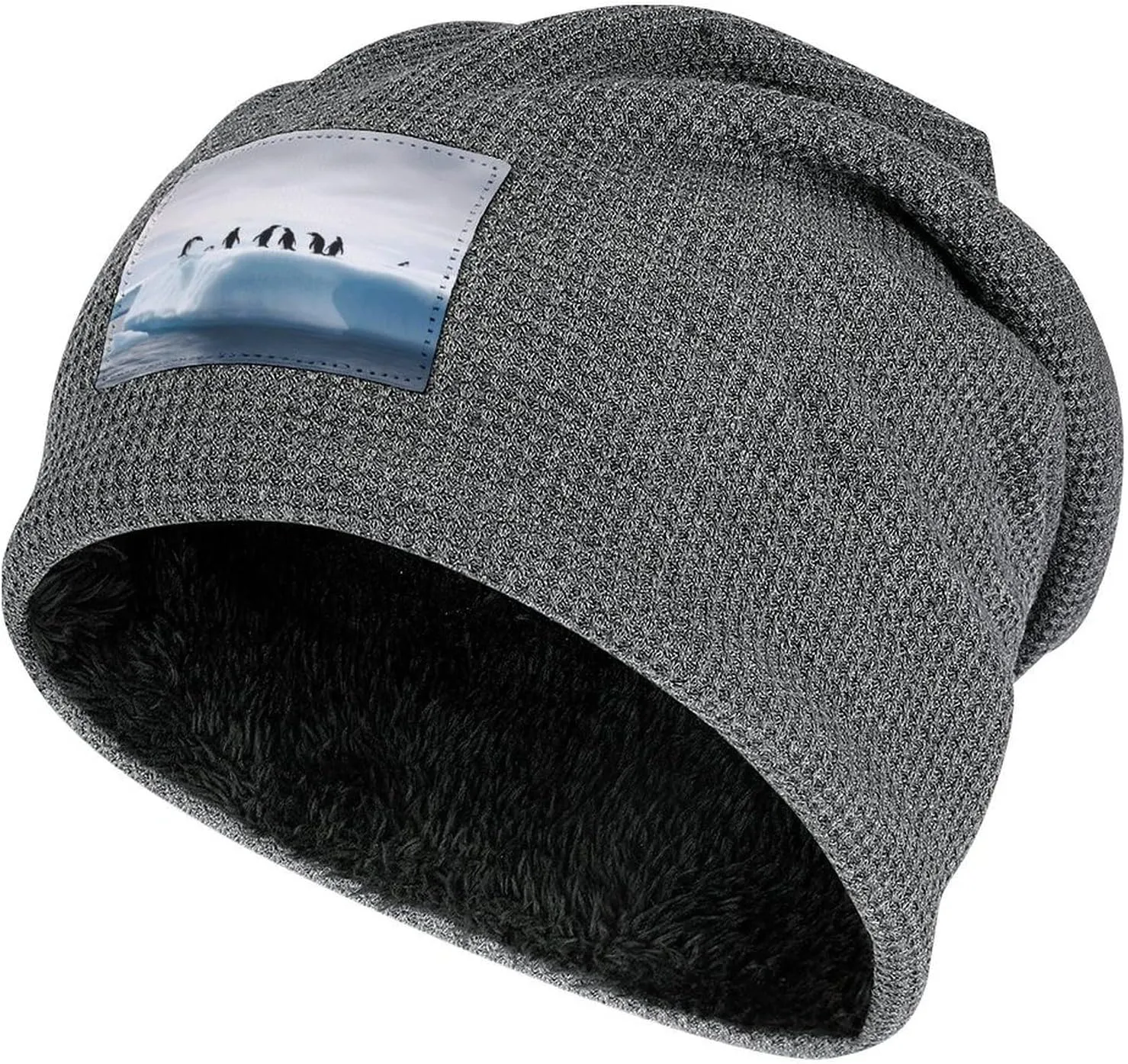 Plush Pullover Cap, Penguins on The Iceberg Print Cozy Winter Hat Stylish Beanie Hat Warm Fleece Lined Beanie