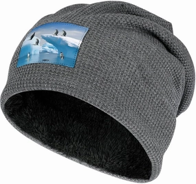 Plush Pullover Cap, Penguins On The Iceberg Print Cozy Winter Hat Stylish Beanie Hat Warm Fleece Lined Beanie