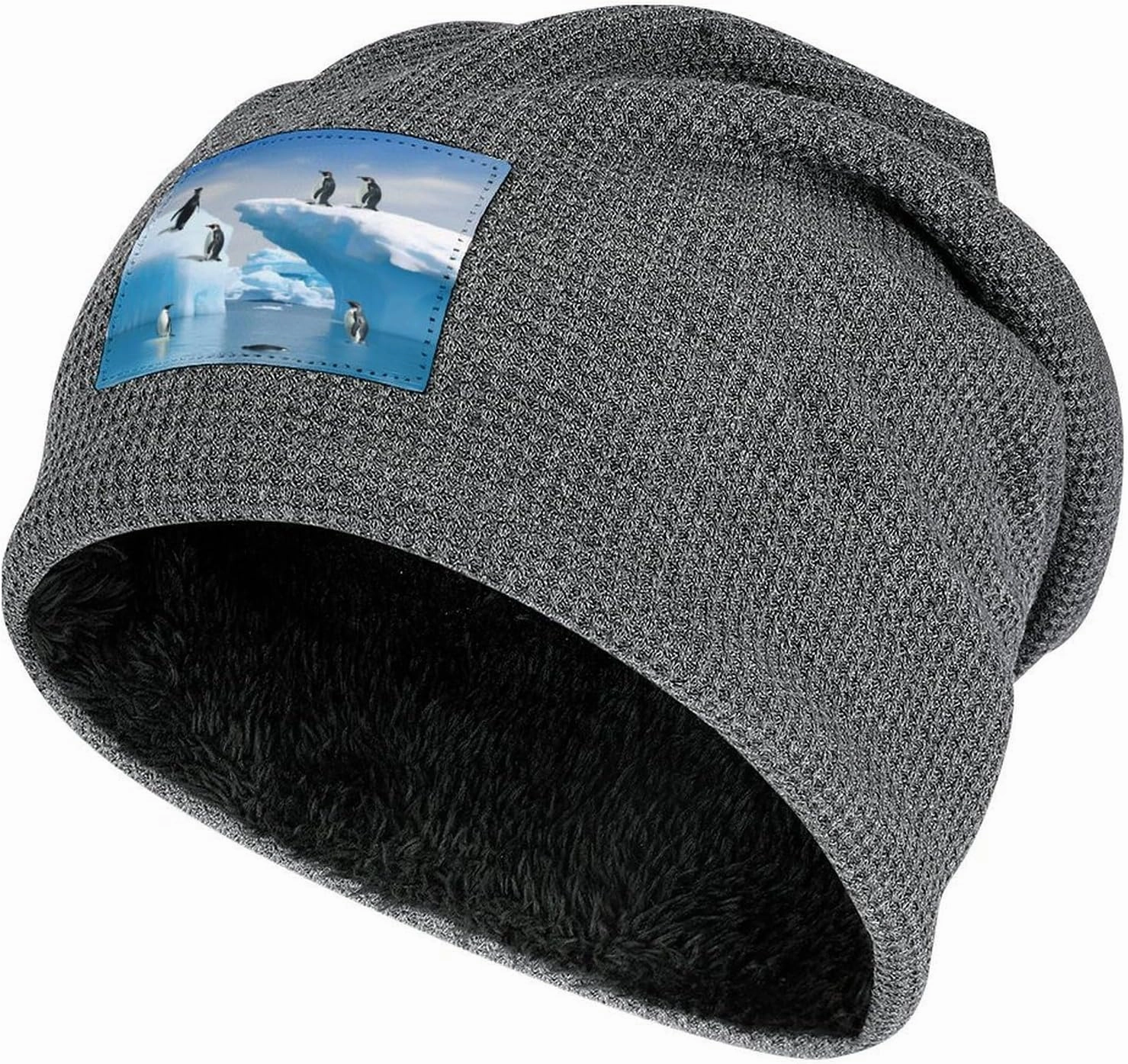 Plush Pullover Cap, Penguins On The Iceberg Print Cozy Winter Hat Stylish Beanie Hat Warm Fleece Lined Beanie