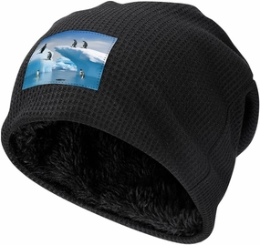 Plush Pullover Cap, Penguins On The Iceberg Print Cozy Winter Hat Stylish Beanie Hat Warm Fleece Lined Beanie
