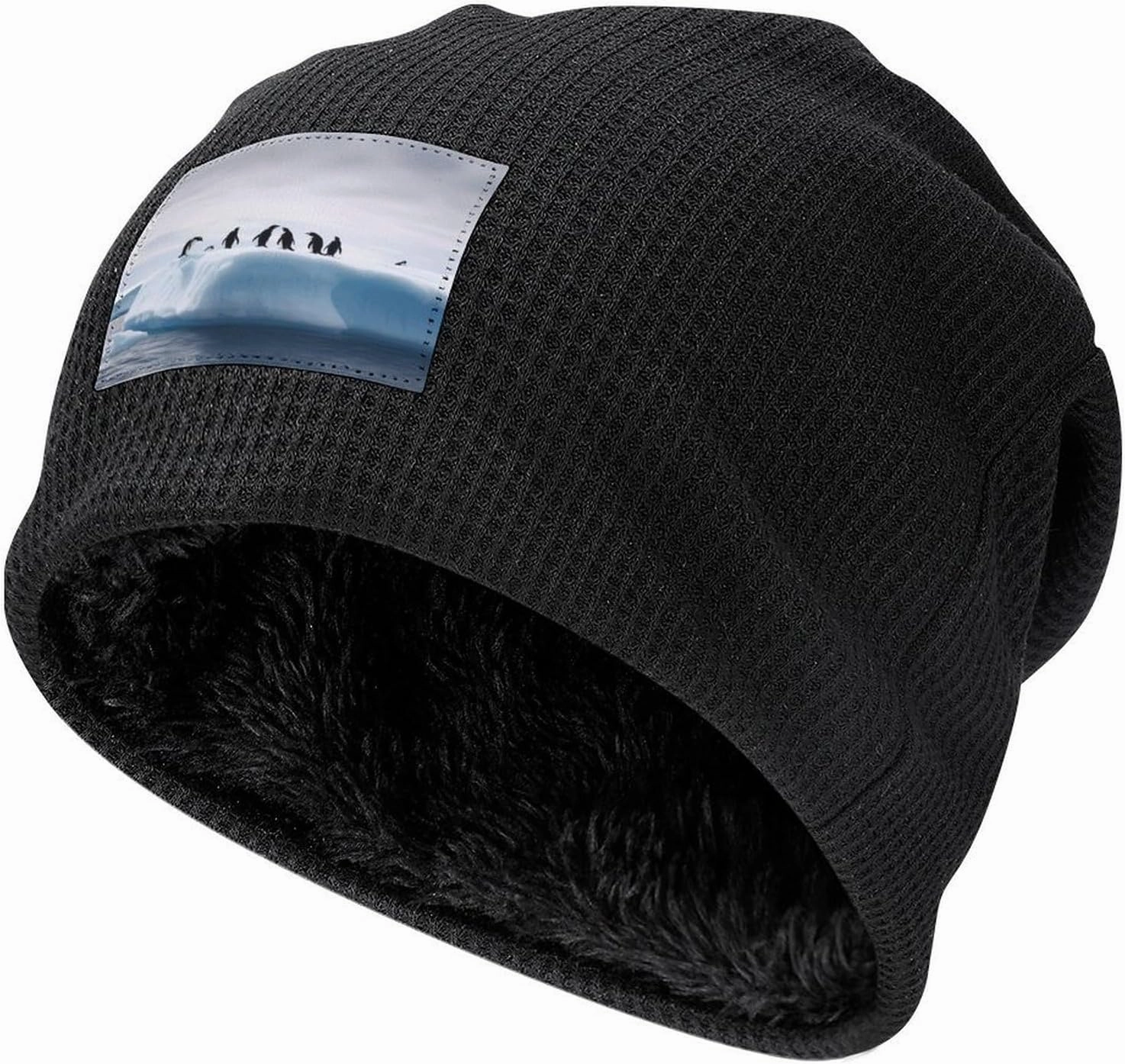 Plush Pullover Cap, Penguins on The Iceberg Print Cozy Winter Hat Stylish Beanie Hat Warm Fleece Lined Beanie