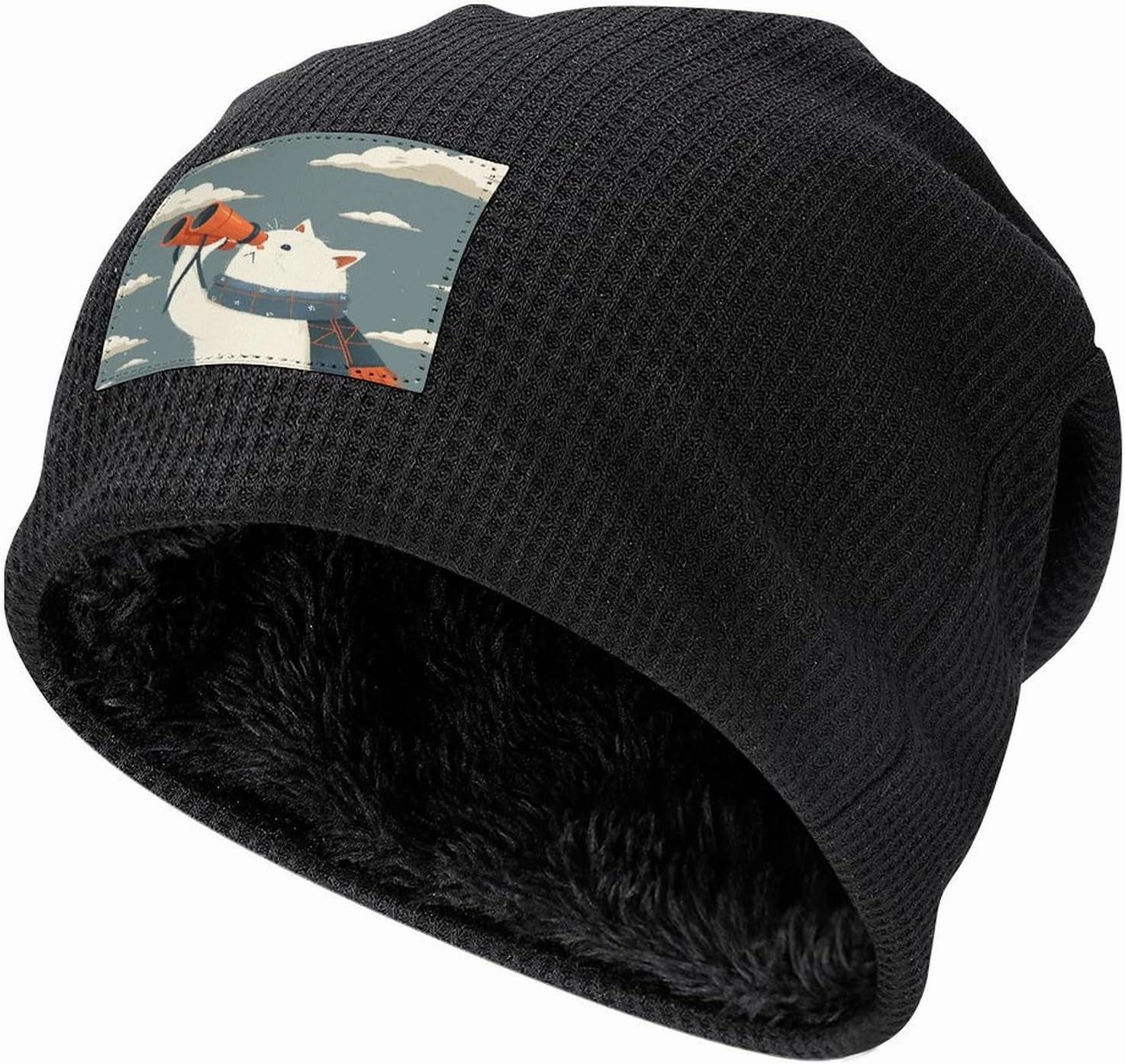 Plush Pullover Cap, Wearing Orange Binoculars Print Cozy Winter Hat Stylish Beanie Hat Warm Fleece Lined Beanie
