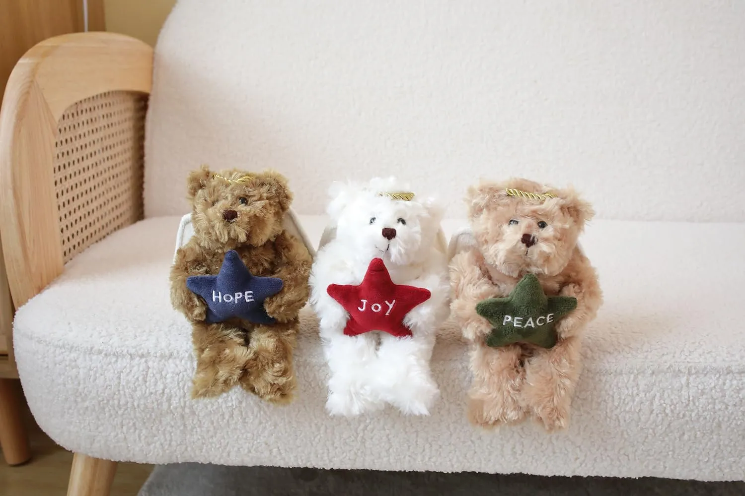 Plushland Angel Bears with White Wings and Halo,Hold Star with Hope Peace Joy, Soft Stuffed Animal Plush Toy Gift for Christmas 6 Inches (Beige)