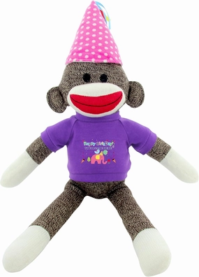 Plushland Custom Text Sock Monkey 20" - Adorable Birthday Gift for Kids, Adults and Friends, Personalized Name on Its T-Shirt Best Party Gift with (Birthday Pink Dot Hat)