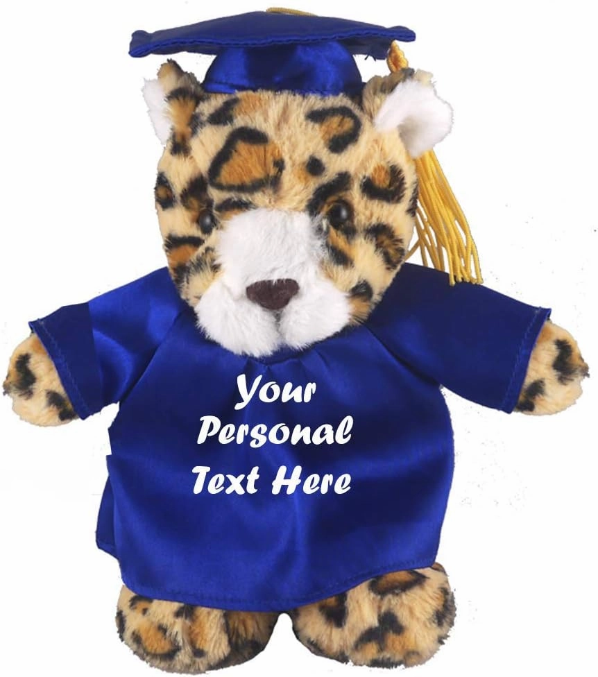 Plushland Plush Stuffed Animal Toys 12 Inches Present Gifts for Graduation Day, Personalized Text, Name or Your School Logo on Gown, Best for Any Grad School Kids (Graduation Leopard Blue Gown)