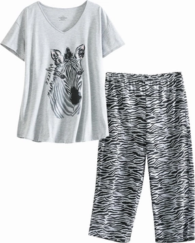 PNAEONG Women Pajama Set Sleepwear Tops with Capri Pants Casual and Fun Prints Pajama Sets