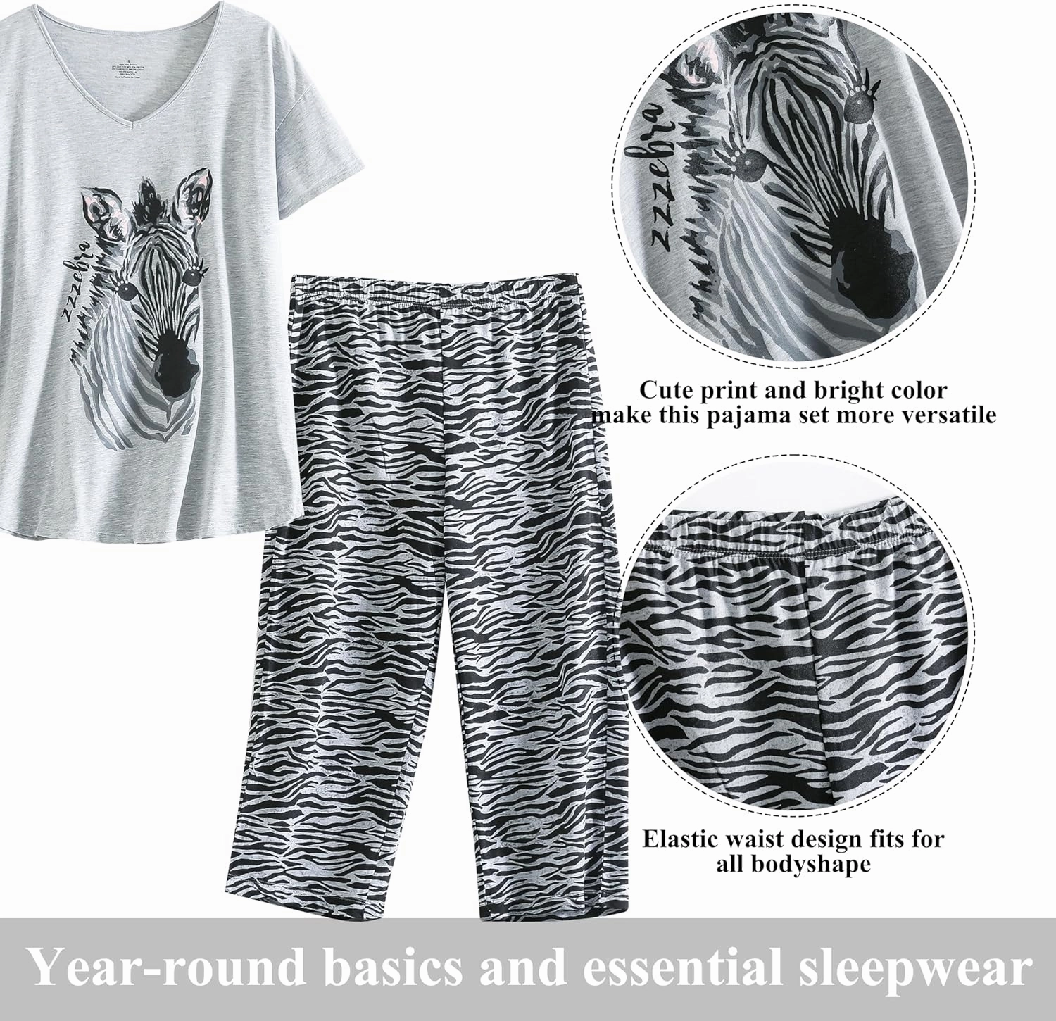 PNAEONG Women Pajama Set Sleepwear Tops with Capri Pants Casual and Fun Prints Pajama Sets
