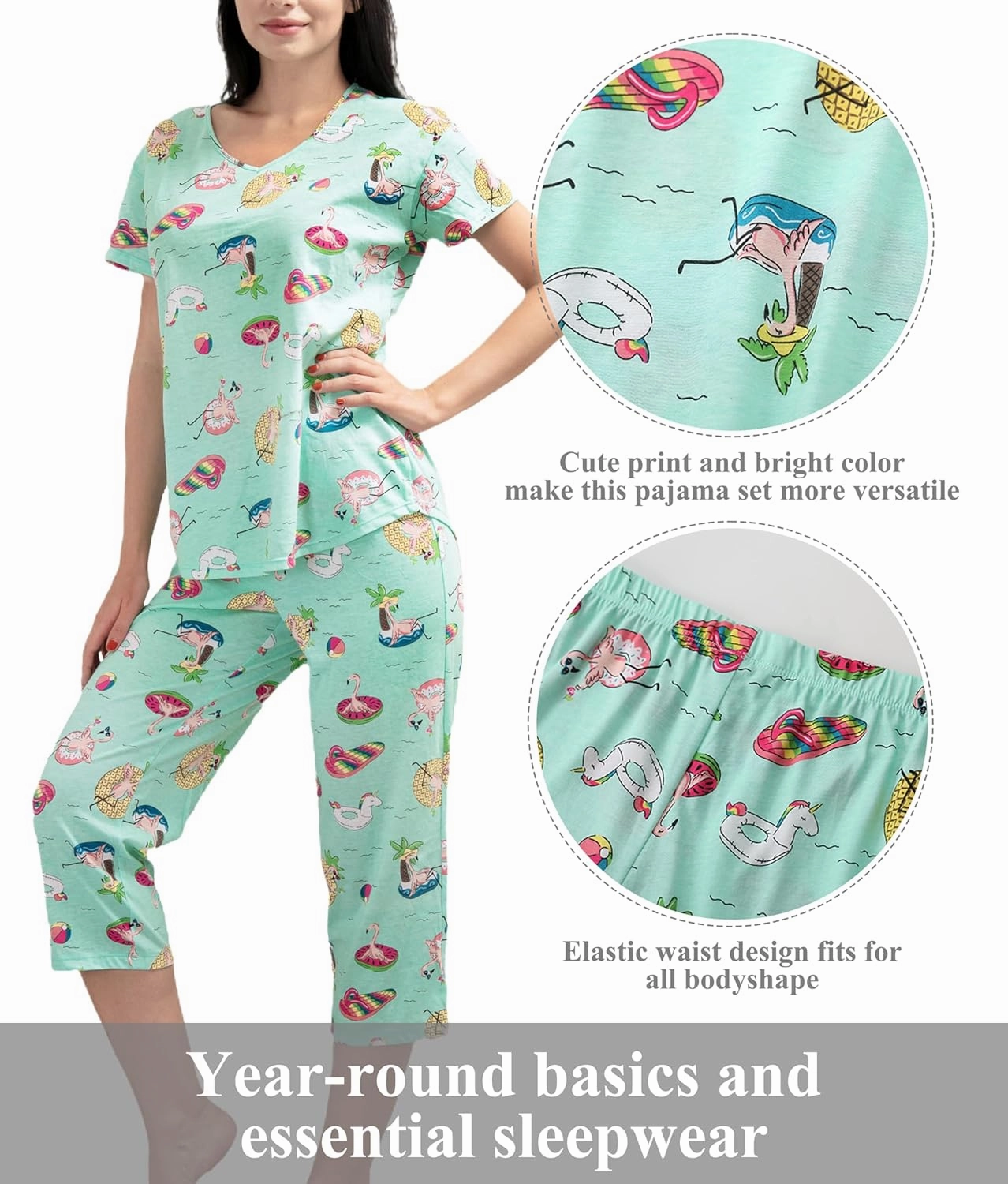 PNAEONG Women Pajama Set Sleepwear Tops with Capri Pants Casual and Fun Prints Pajama Sets