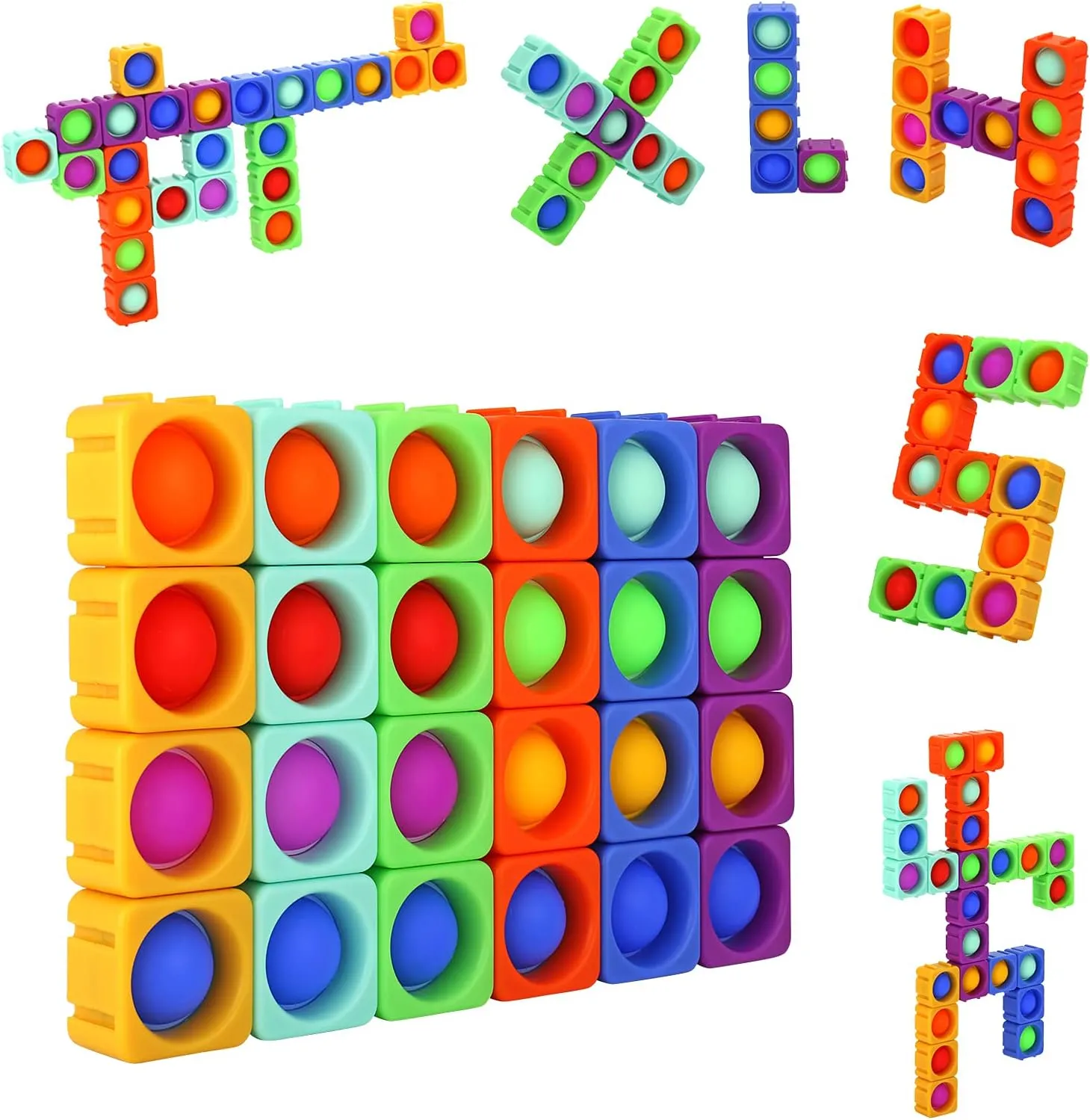 Pop Its Fidget Toys Girl Boy Creative DIY Fidget Building Block Toy Set 24Pcs Dimple Fidget Packs for Kids Anxiety Stress Relief Sensory Toys for Autistic Children ADHD Toddler Educational Toy Gift