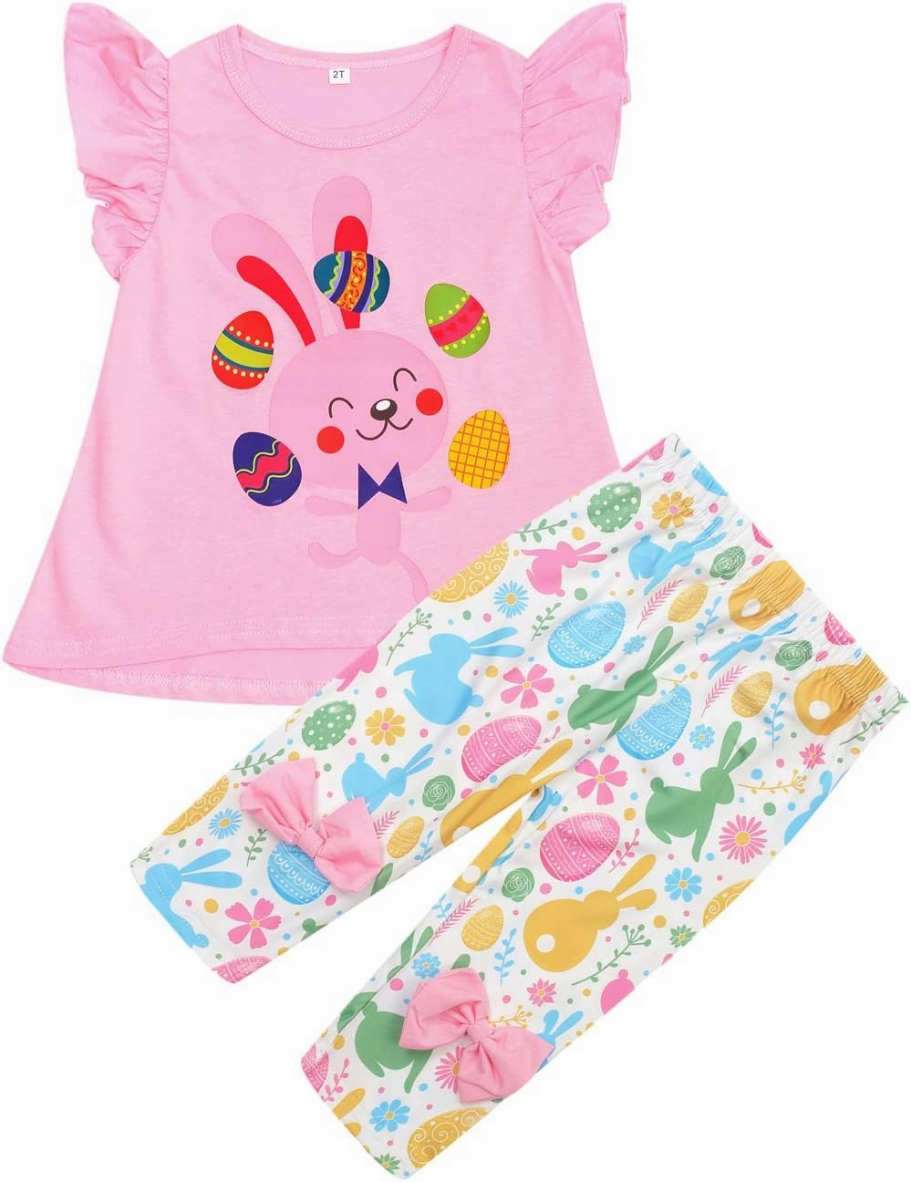 Popshion Little Girls 2 Piece Summer Outfits Flutter Sleeve T-Shirt and Cropped Capri Leggings Kids Clothes Short Sets 2-8t