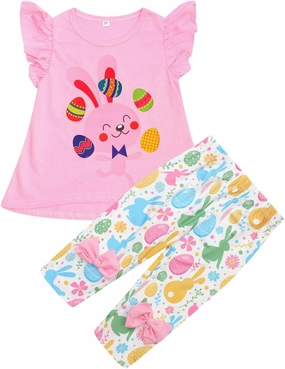Popshion Little Girls 2 Piece Summer Outfits Flutter Sleeve T-Shirt and Cropped Capri Leggings Kids Clothes Short Sets 2-8t
