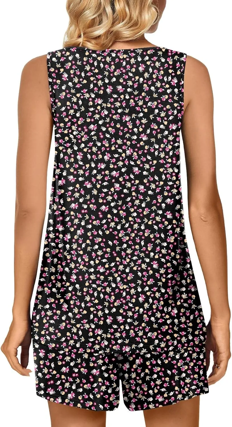 POPYOUNG Pajama Set for Women Summer Sleeveless Tank Tops Pjs Sets 2 Piece Lounge Set Comfy Shorts Sleepwear with Pockets