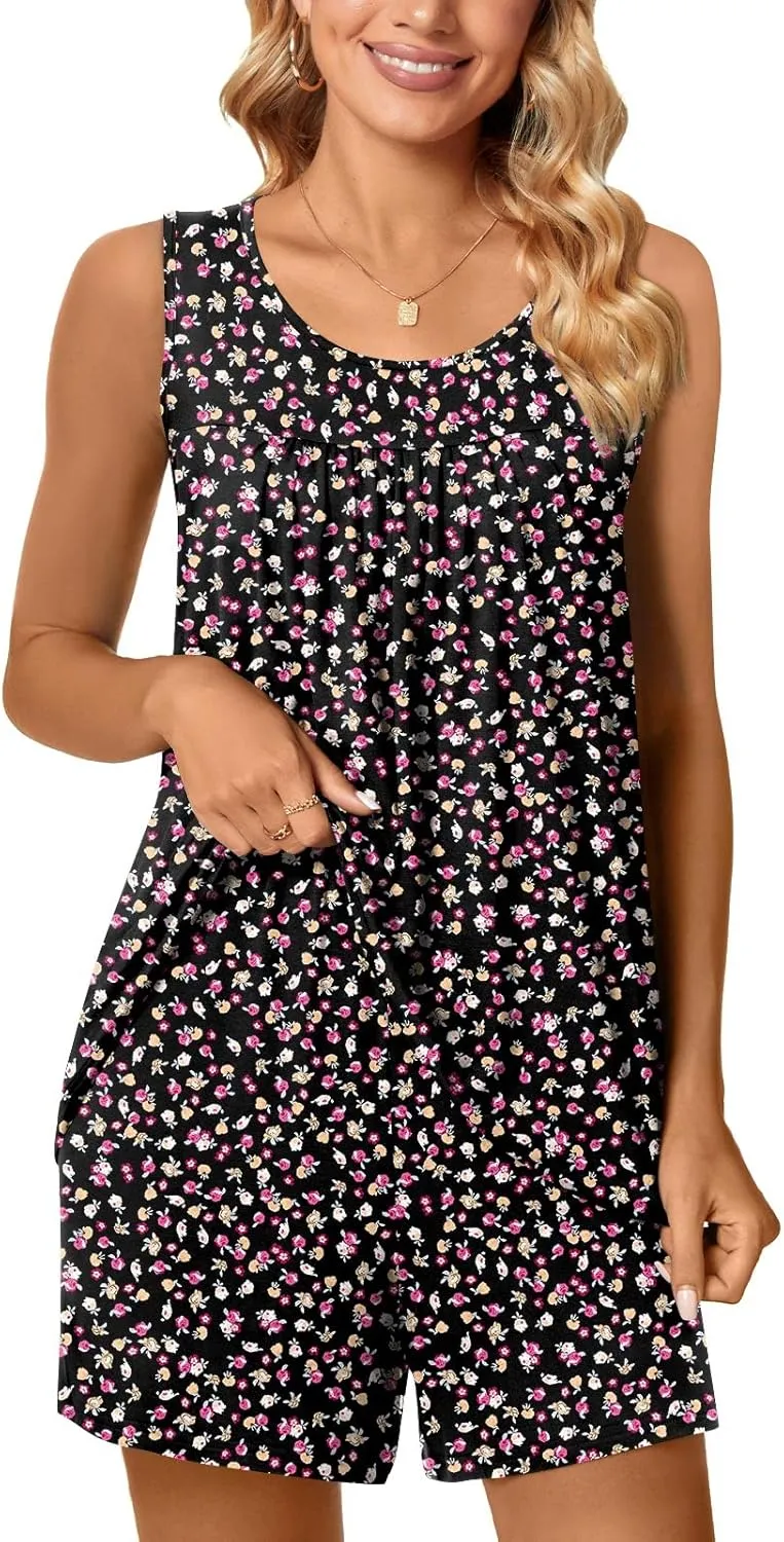 POPYOUNG Pajama Set for Women Summer Sleeveless Tank Tops Pjs Sets 2 Piece Lounge Set Comfy Shorts Sleepwear with Pockets