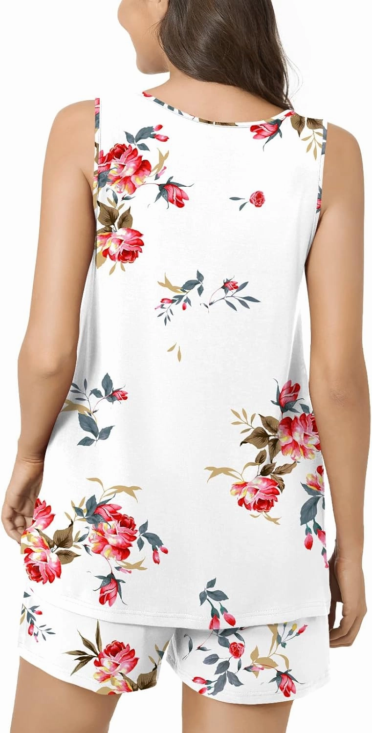 POPYOUNG Pajama Set for Women Summer Sleeveless Tank Tops Pjs Sets 2 Piece Lounge Set Comfy Shorts Sleepwear with Pockets