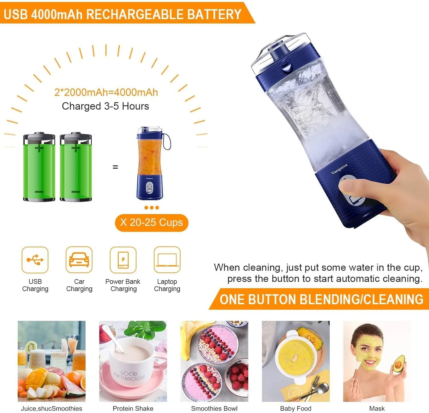 Portable Blender, Vaeqozva USB Rechargeable Smoothie on the Go Blender Cup with Straws, Protein Shakes Fruit Mini Mixer for Home, Sport, Office, Camping - Navy Blue