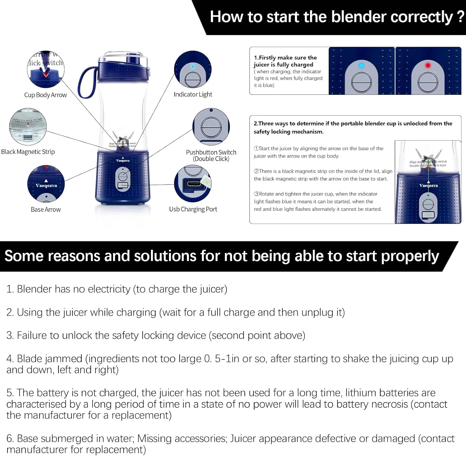 Portable Blender, Vaeqozva USB Rechargeable Smoothie on the Go Blender Cup with Straws, Protein Shakes Fruit Mini Mixer for Home, Sport, Office, Camping - Navy Blue