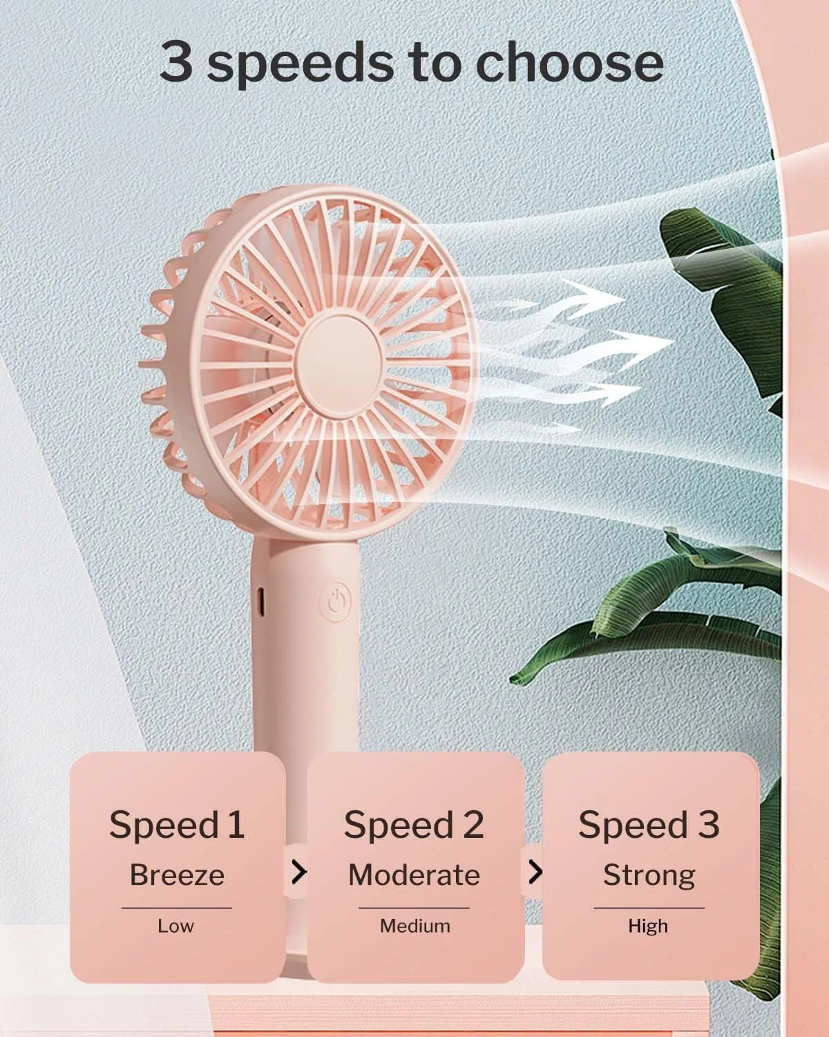 Portable Handheld Fan 2 Pack, USB Rechargeable Mini Fan, Ultra Quiet, 3 Speeds with Phone Holder Base, All Day Battery for Outdoor Indoor (Pink)