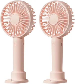 Portable Handheld Fan 2 Pack, USB Rechargeable Mini Fan, Ultra Quiet, 3 Speeds with Phone Holder Base, All Day Battery for Outdoor Indoor (Pink)