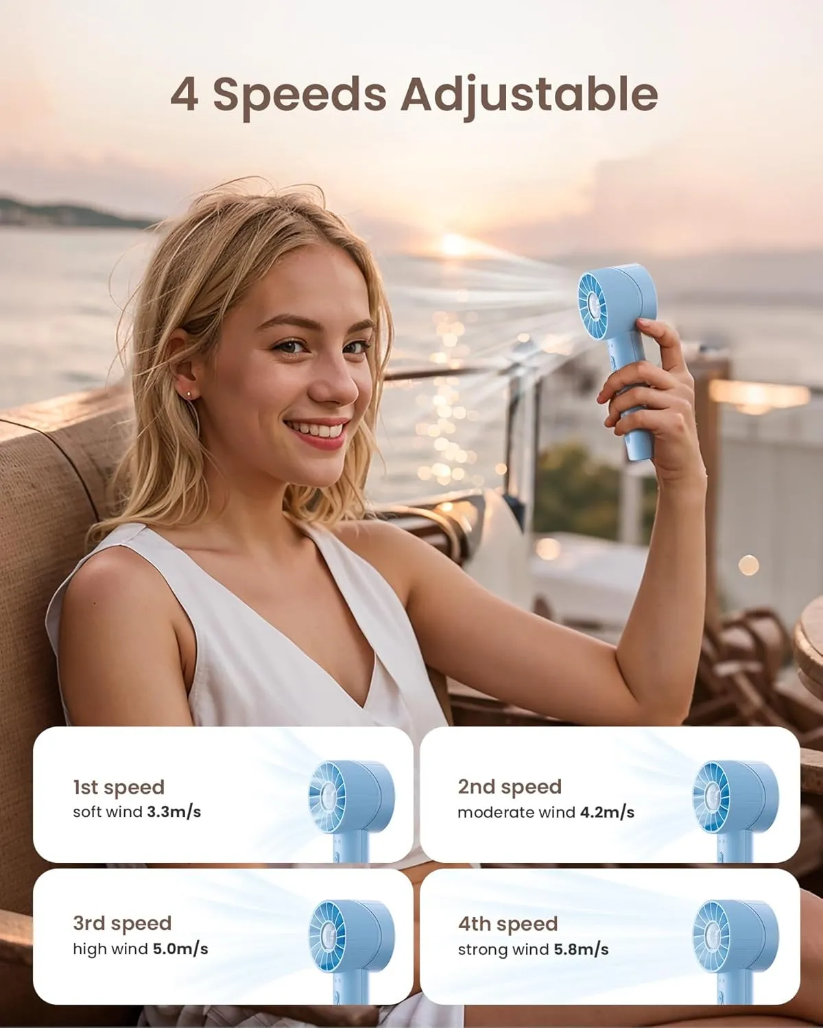 Portable Mini Handheld Turbo 4 Speed High Velocity Personal Fan, Max 16H Cooling Time, Rechargeable Purse Fan, Travel Essentials Must Haves for Vacation/Beach/Trip, Light Blue