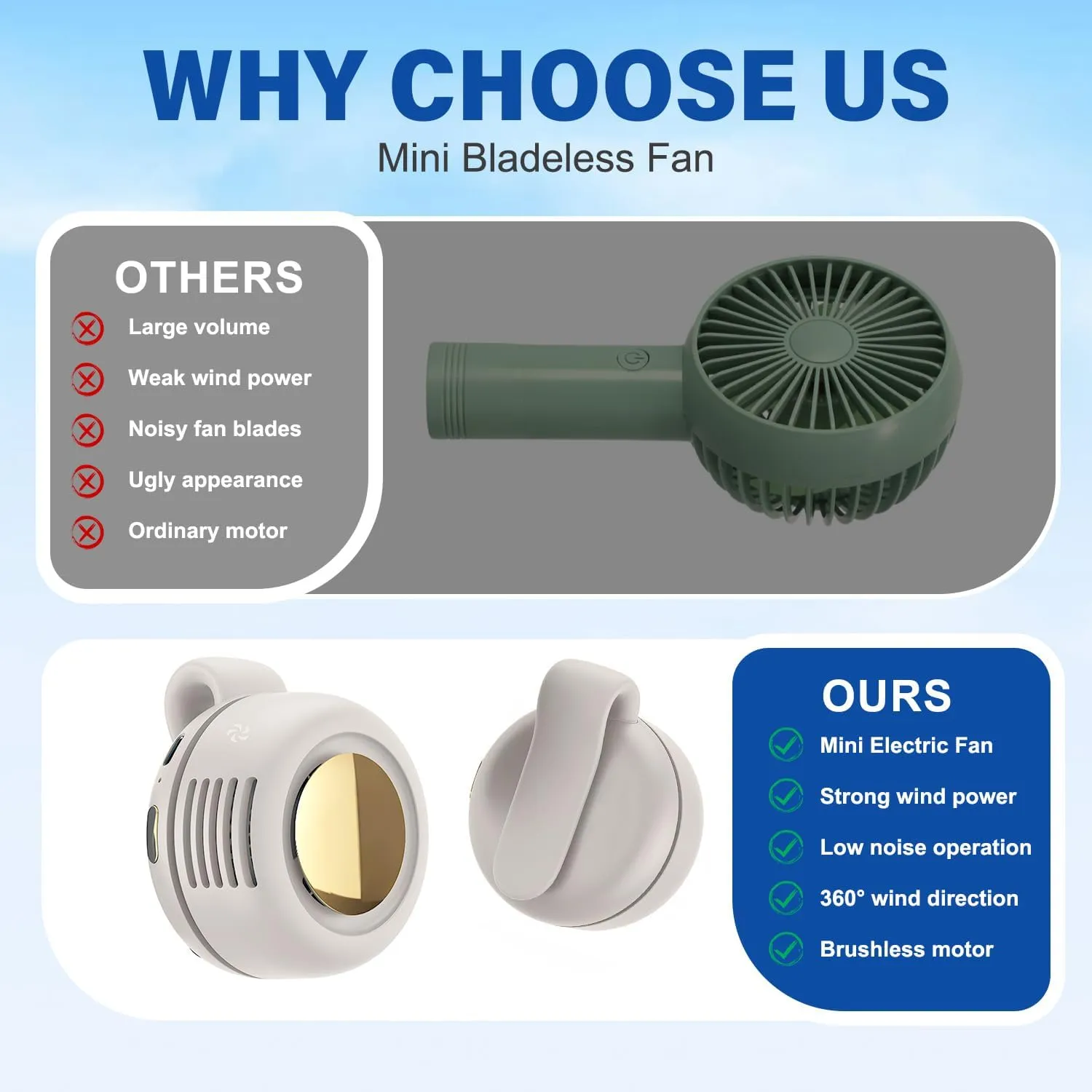 Portable Silent Mini Bladeless Electric Fan,2025 New Small Whirlwind Clip Waist Neck Fan, 3 Speeds Rechargeable Hands-Free Neck Fan for Outdoor Farm Hiking Camping Travel (Green)