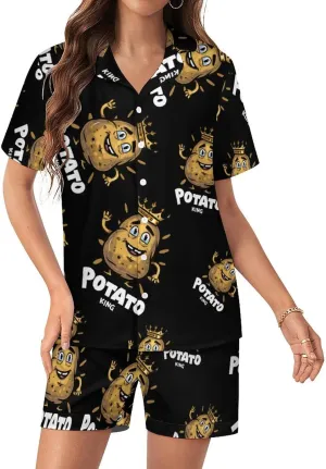 Potato King Cute Women's Satin Pajama Set Short Sleeve Button Down Sleepwear Loungewear Pj Set