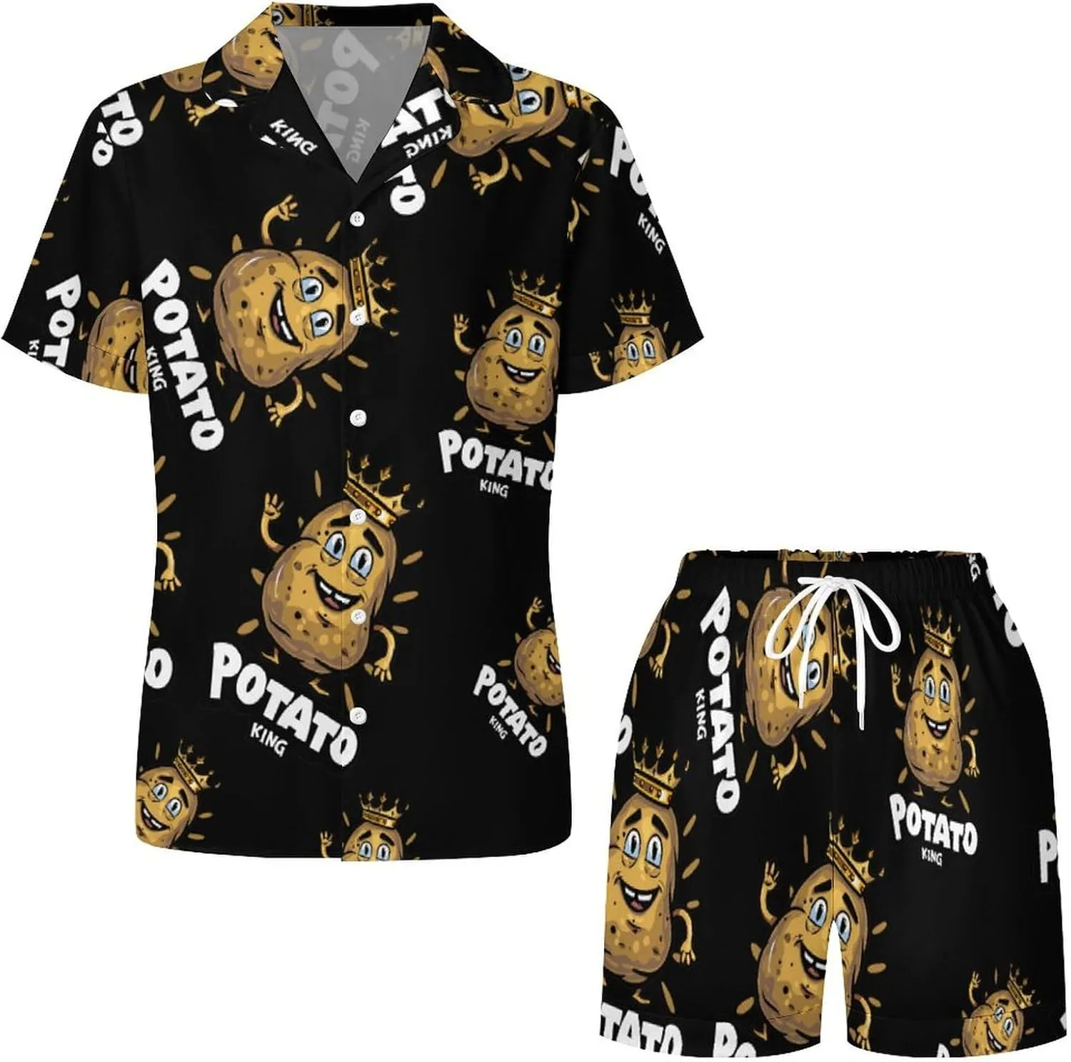 Potato King Cute Women's Satin Pajama Set Short Sleeve Button Down Sleepwear Loungewear Pj Set