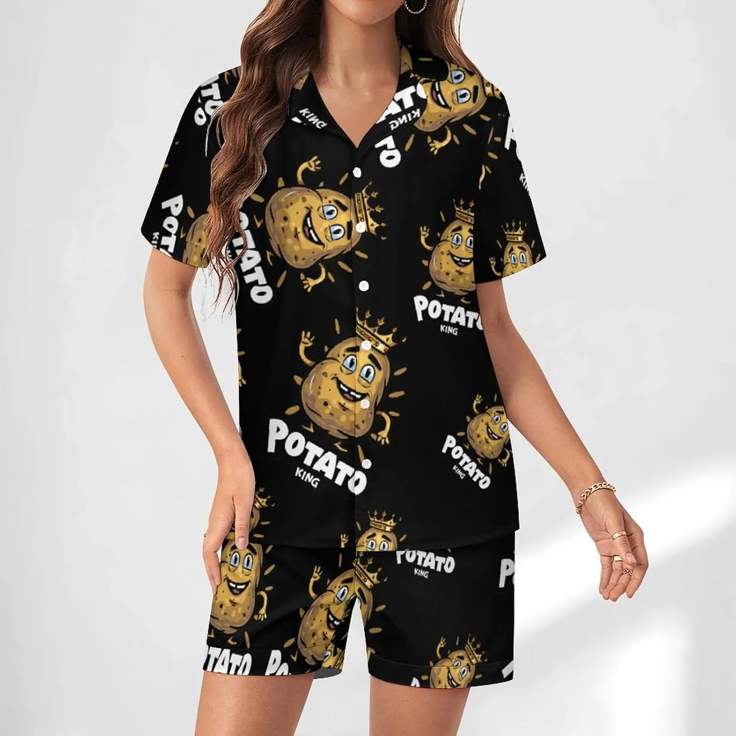 Potato King Cute Women's Satin Pajama Set Short Sleeve Button Down Sleepwear Loungewear Pj Set