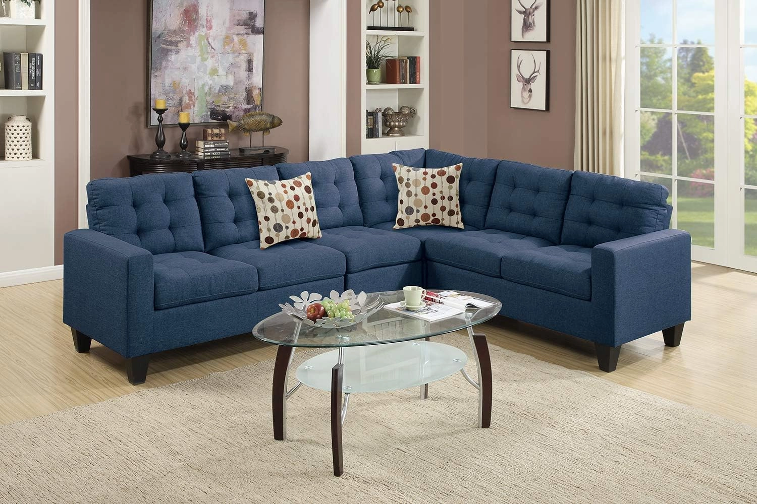 Poundex Bobkona Burril Linen-Like 4 Piece Left or Right Hand Reversible Sectional Set, Navy