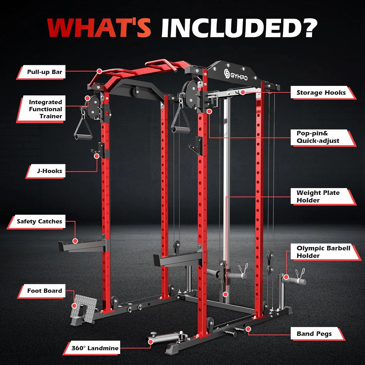 Power Cage, Power Rack with Cable Crossover System, 2000 LBS Squat Rack, Squat Rack for Home Gym, Power Rack with LAT Pulldown, Smith Machine, Folding Squat Rack, Multifunctional Home Gym Power Cage