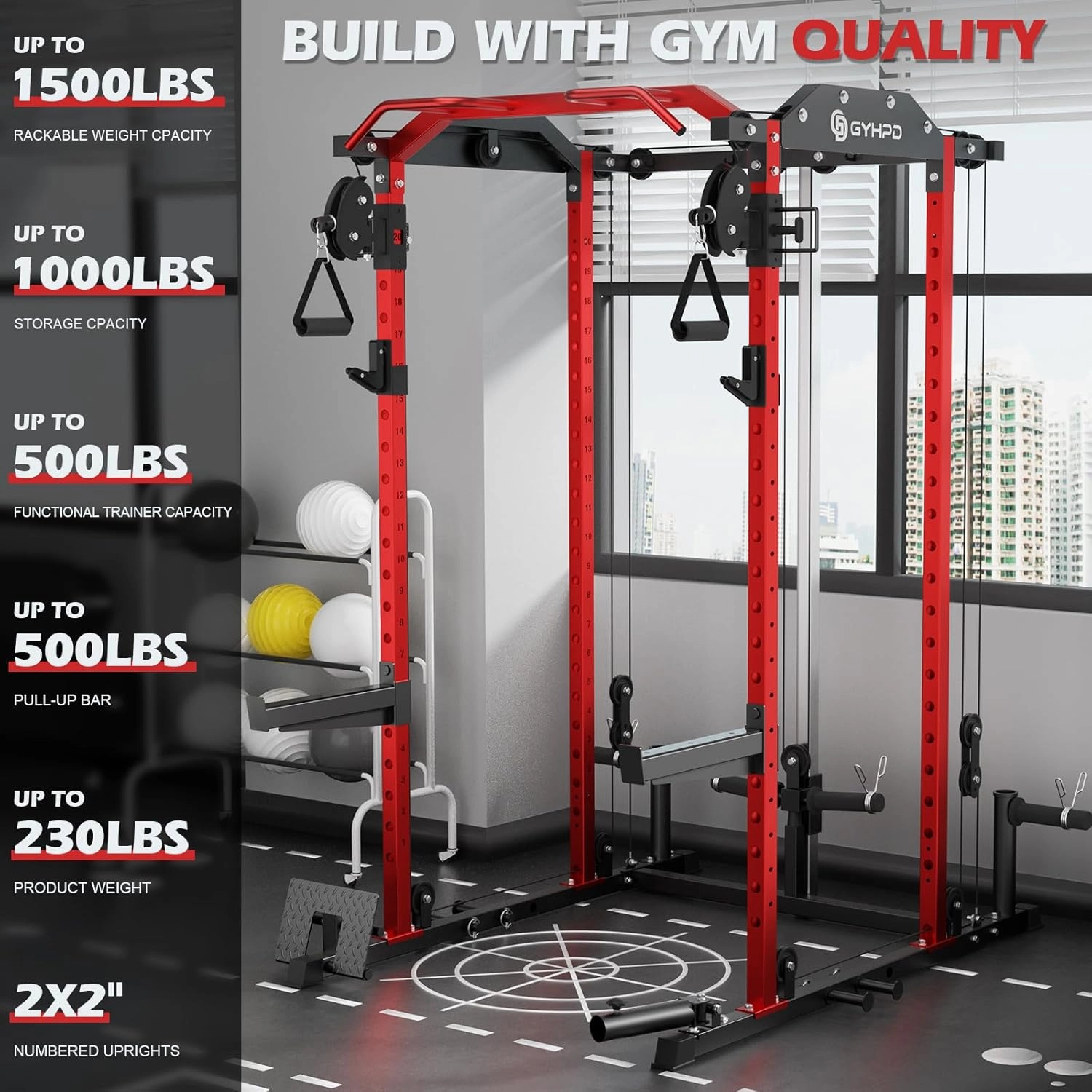 Power Cage, Power Rack with Cable Crossover System, 2000 LBS Squat Rack, Squat Rack for Home Gym, Power Rack with LAT Pulldown, Smith Machine, Folding Squat Rack, Multifunctional Home Gym Power Cage