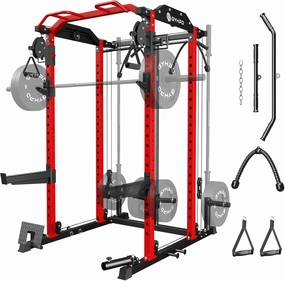 Power Cage, Power Rack with Cable Crossover System, 2000 LBS Squat Rack, Squat Rack for Home Gym, Power Rack with LAT Pulldown, Smith Machine, Folding Squat Rack, Multifunctional Home Gym Power Cage