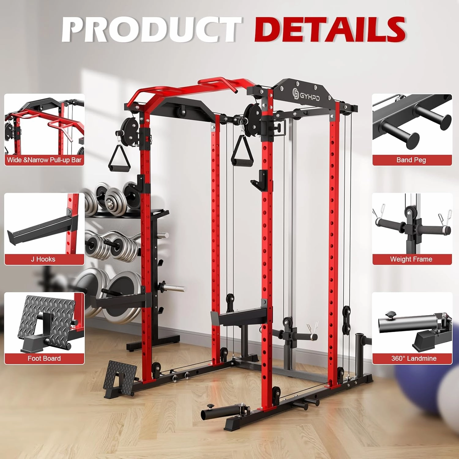 Power Cage, Power Rack with Cable Crossover System, 2000 LBS Squat Rack, Squat Rack for Home Gym, Power Rack with LAT Pulldown, Smith Machine, Folding Squat Rack, Multifunctional Home Gym Power Cage
