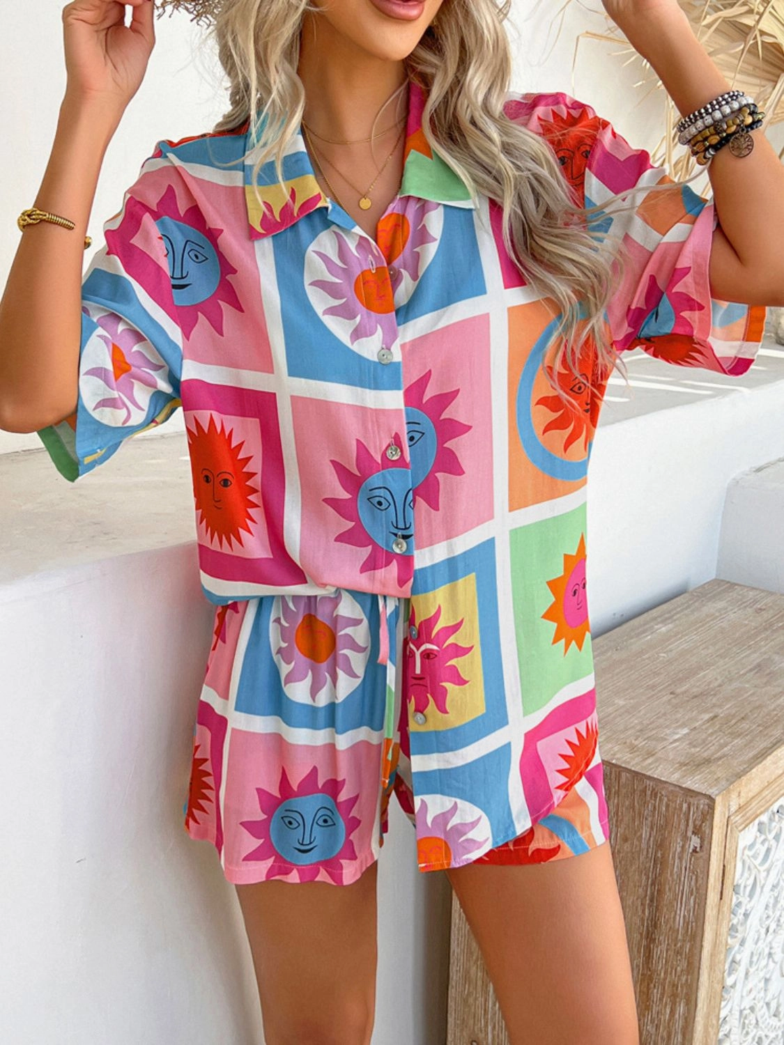 Printed Button Down Shirt and Shorts Set