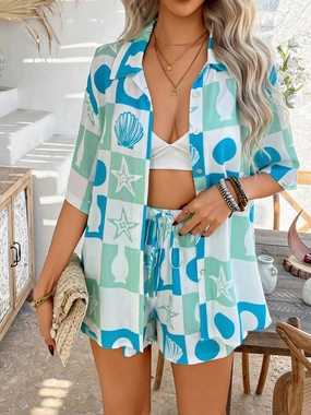 Printed Button Down Shirt and Shorts Set