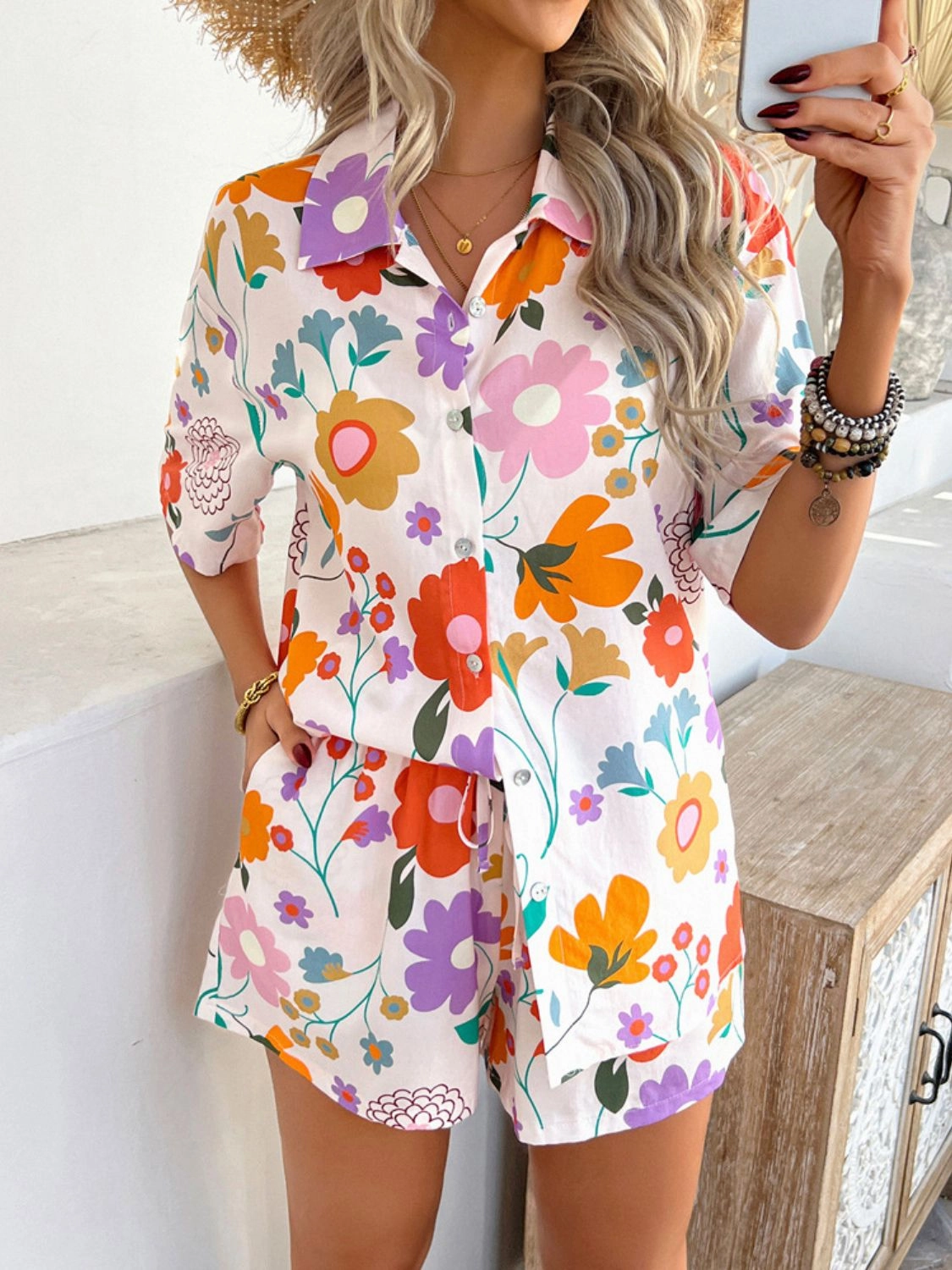 Printed Button Down Shirt and Shorts Set