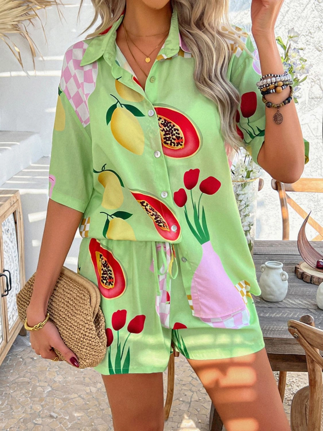 Printed Button Down Shirt and Shorts Set