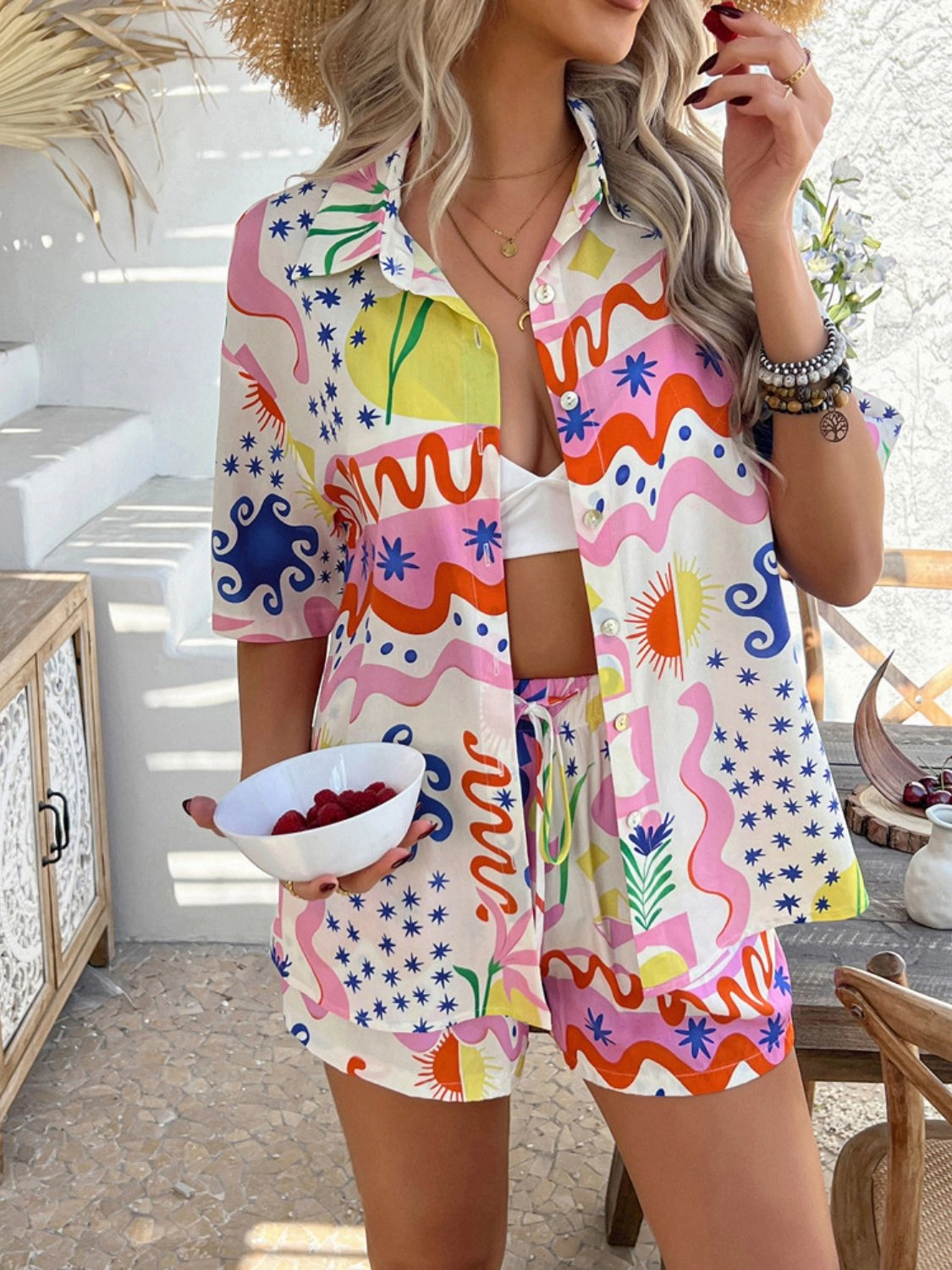 Printed Button Down Shirt and Shorts Set