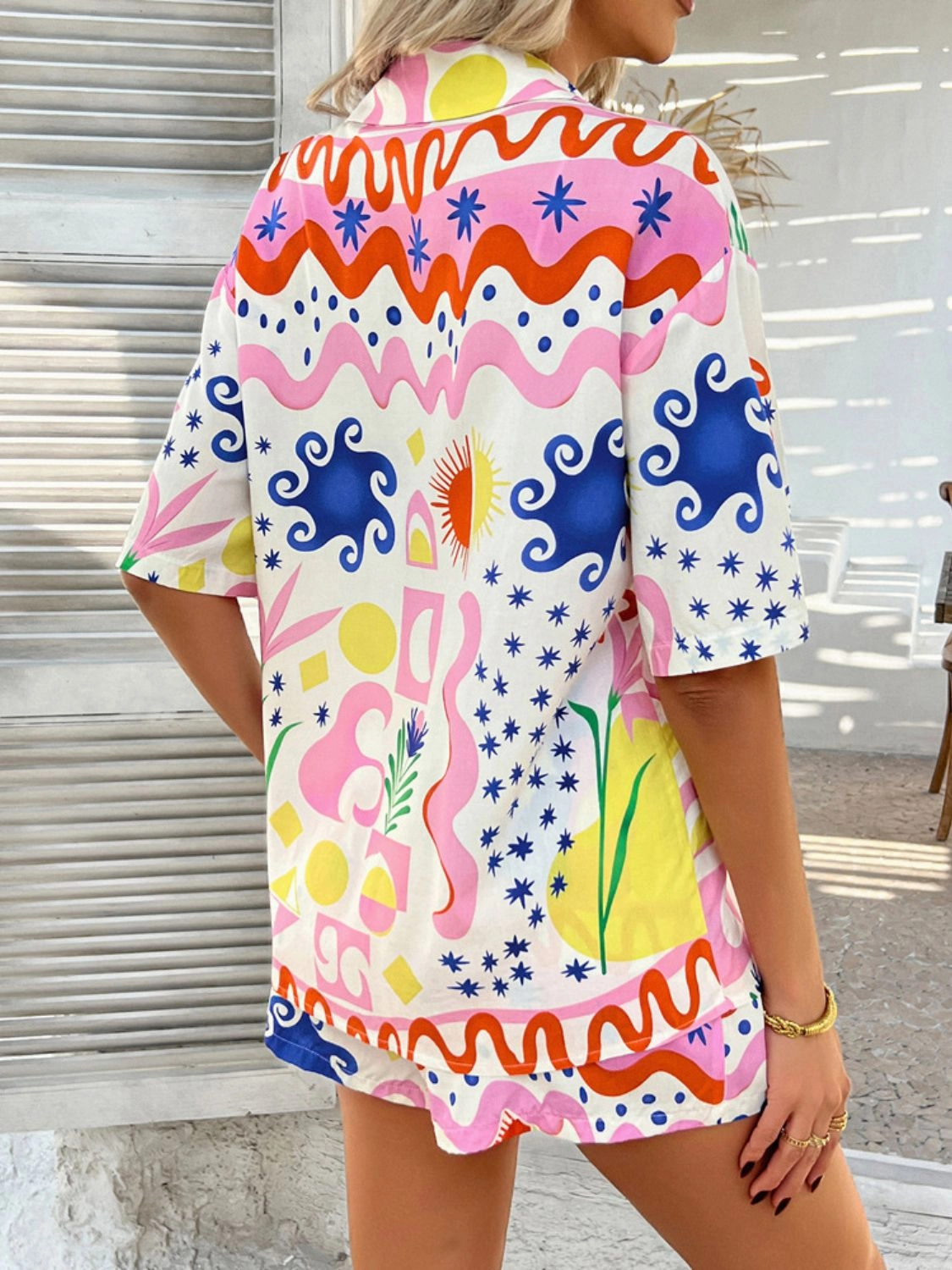 Printed Button Down Shirt and Shorts Set