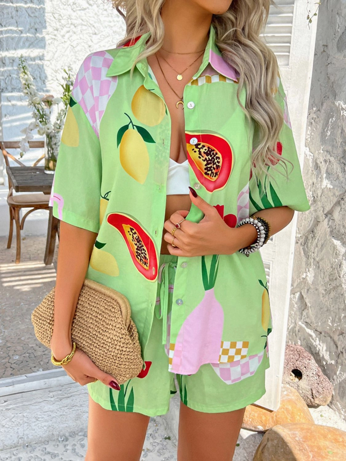 Printed Button Down Shirt and Shorts Set