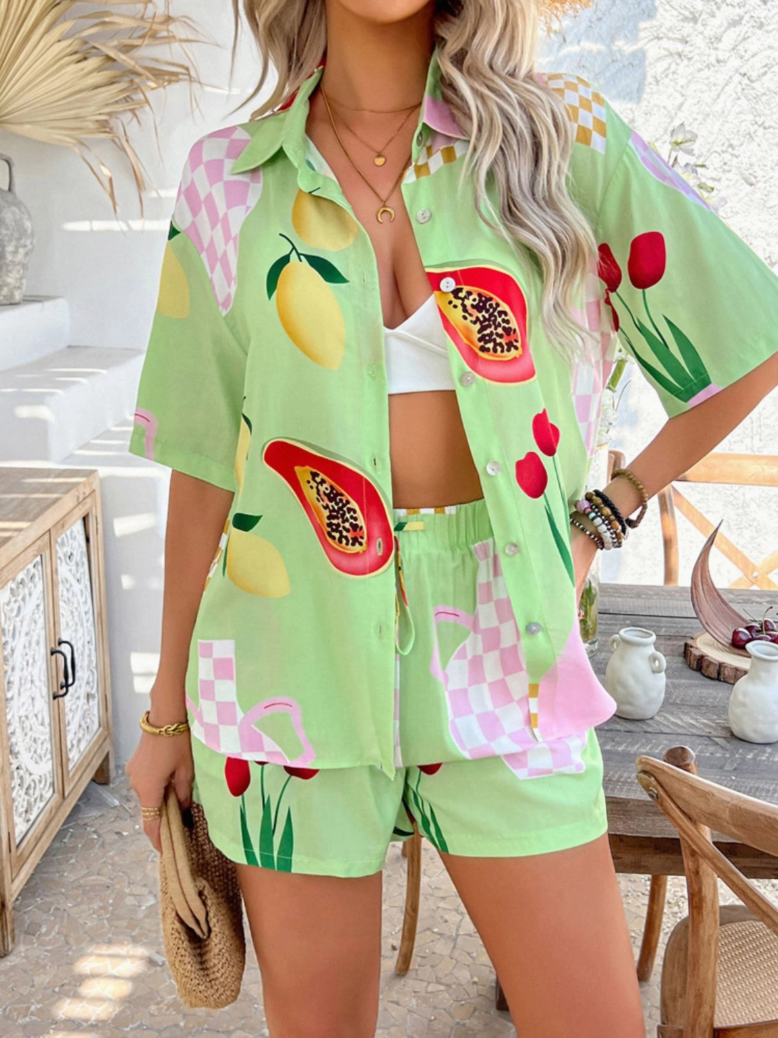 Printed Button Down Shirt and Shorts Set