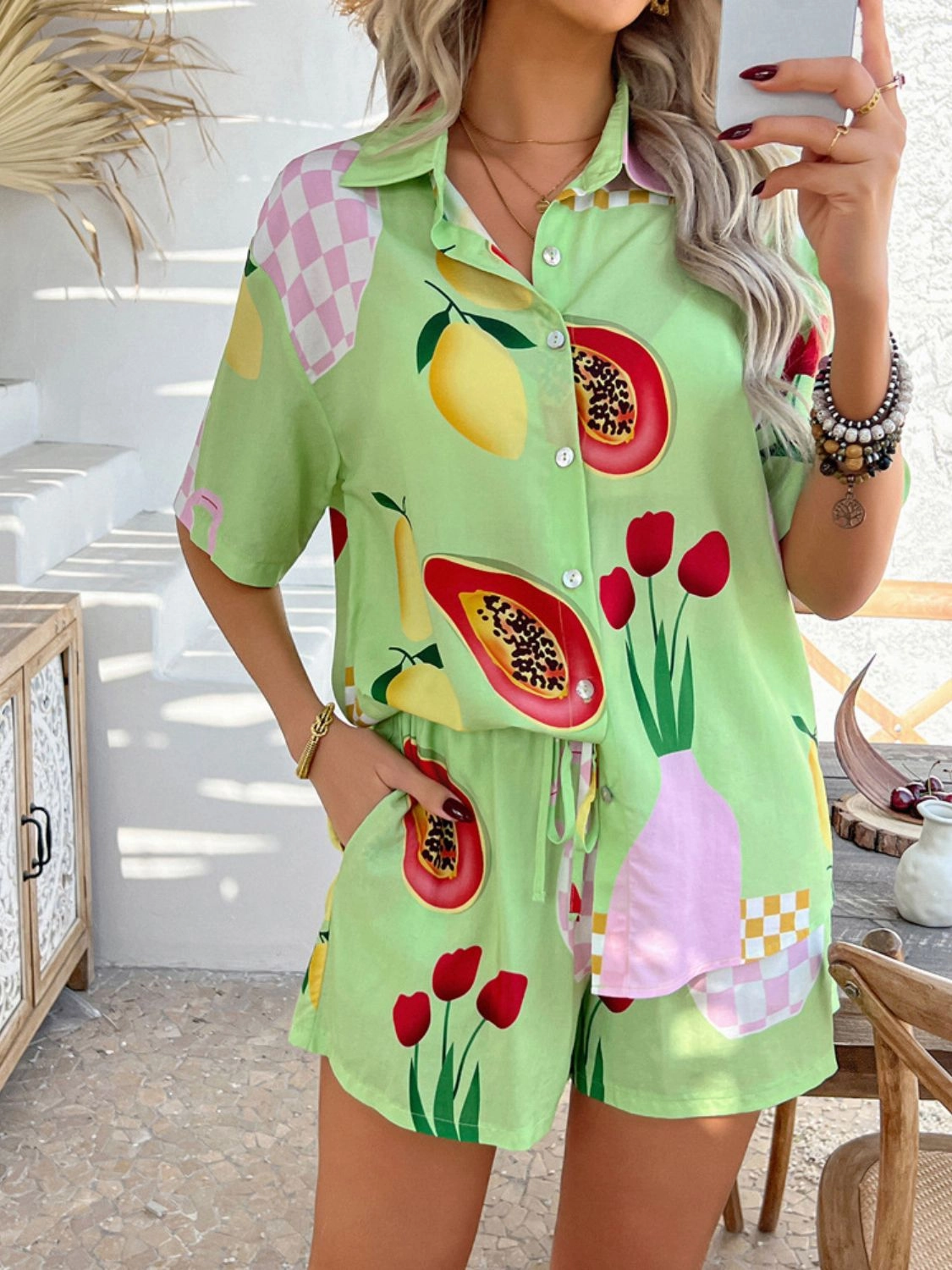 Printed Button Down Shirt and Shorts Set