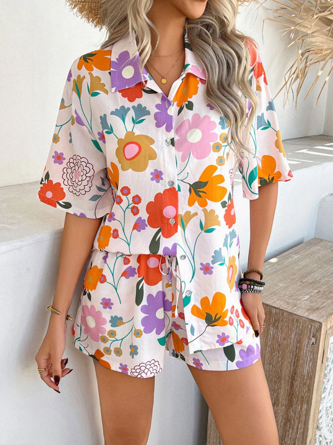 Printed Button Down Shirt and Shorts Set