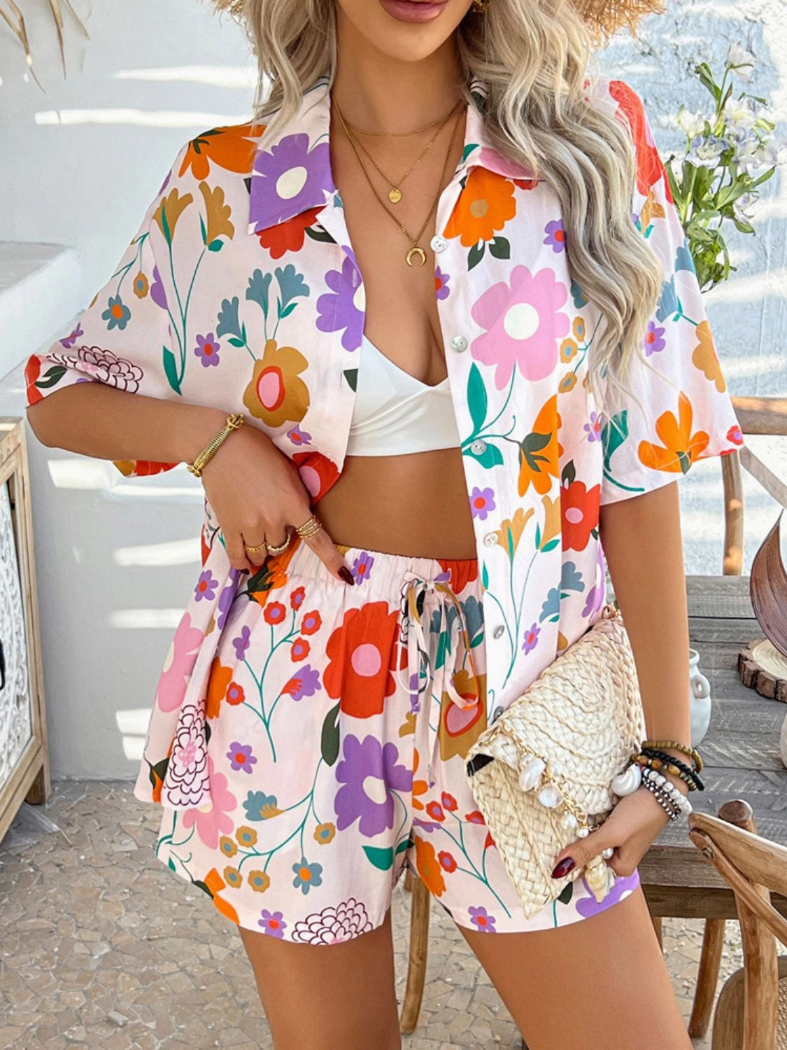 Printed Button Down Shirt and Shorts Set