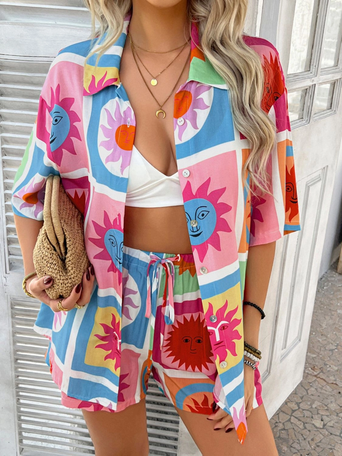 Printed Button Down Shirt and Shorts Set