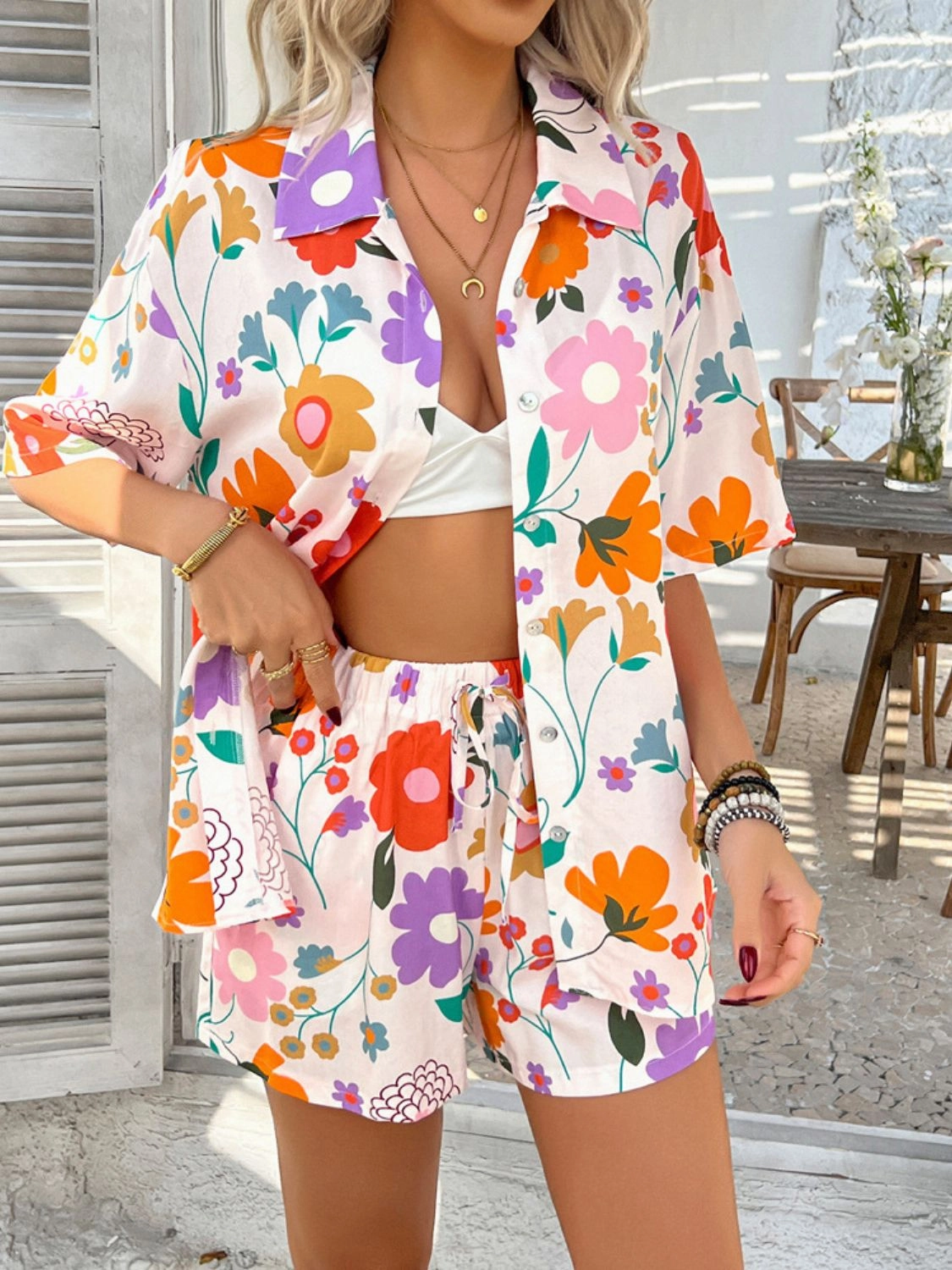 Printed Button Down Shirt and Shorts Set
