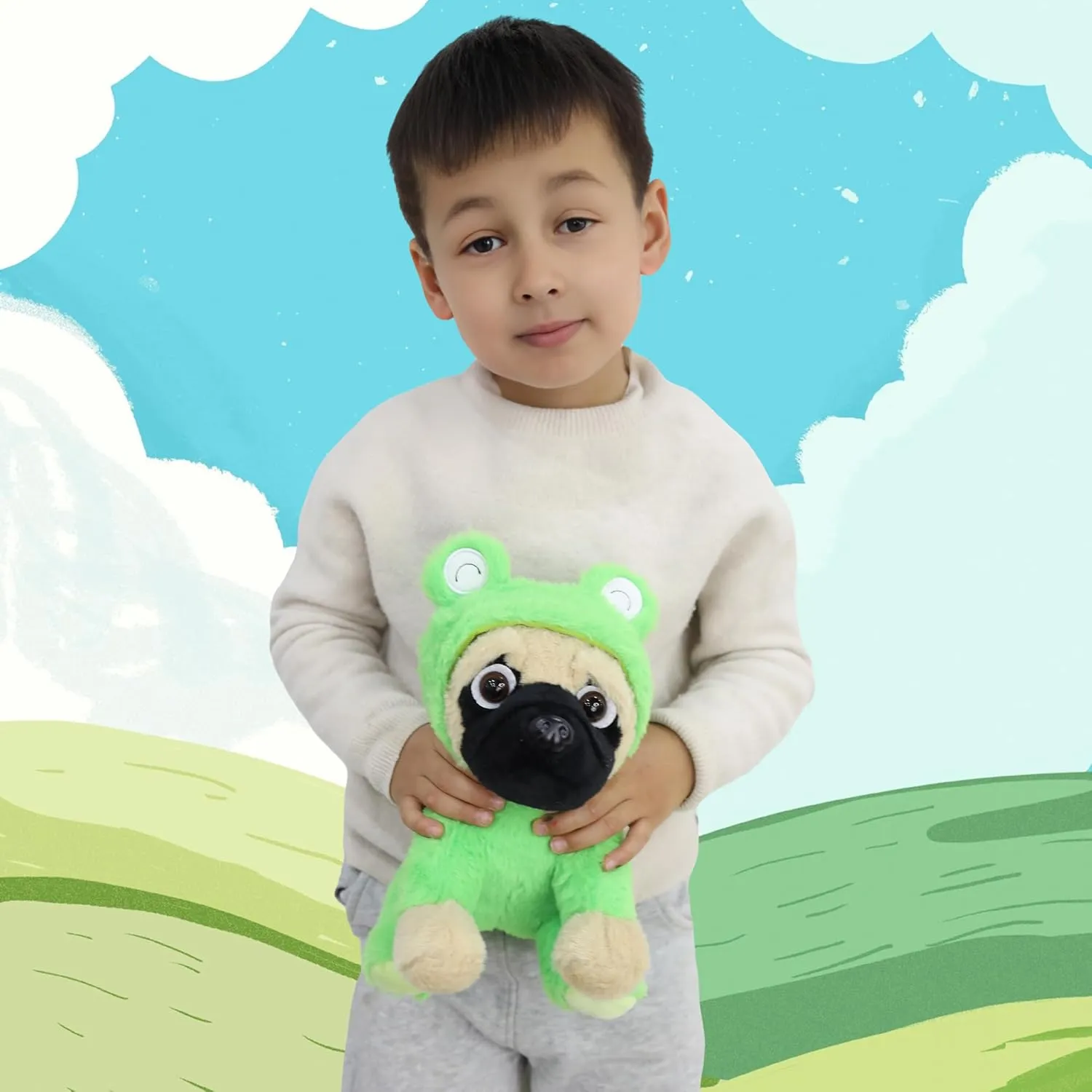 Pug Stuffed Animal Wearing Frog Costume Plushies Puppy Dressed as Green Froggy Funny Plush Toys for Kids Stuffed Dog Animals for Kids and Lover 12 Inch