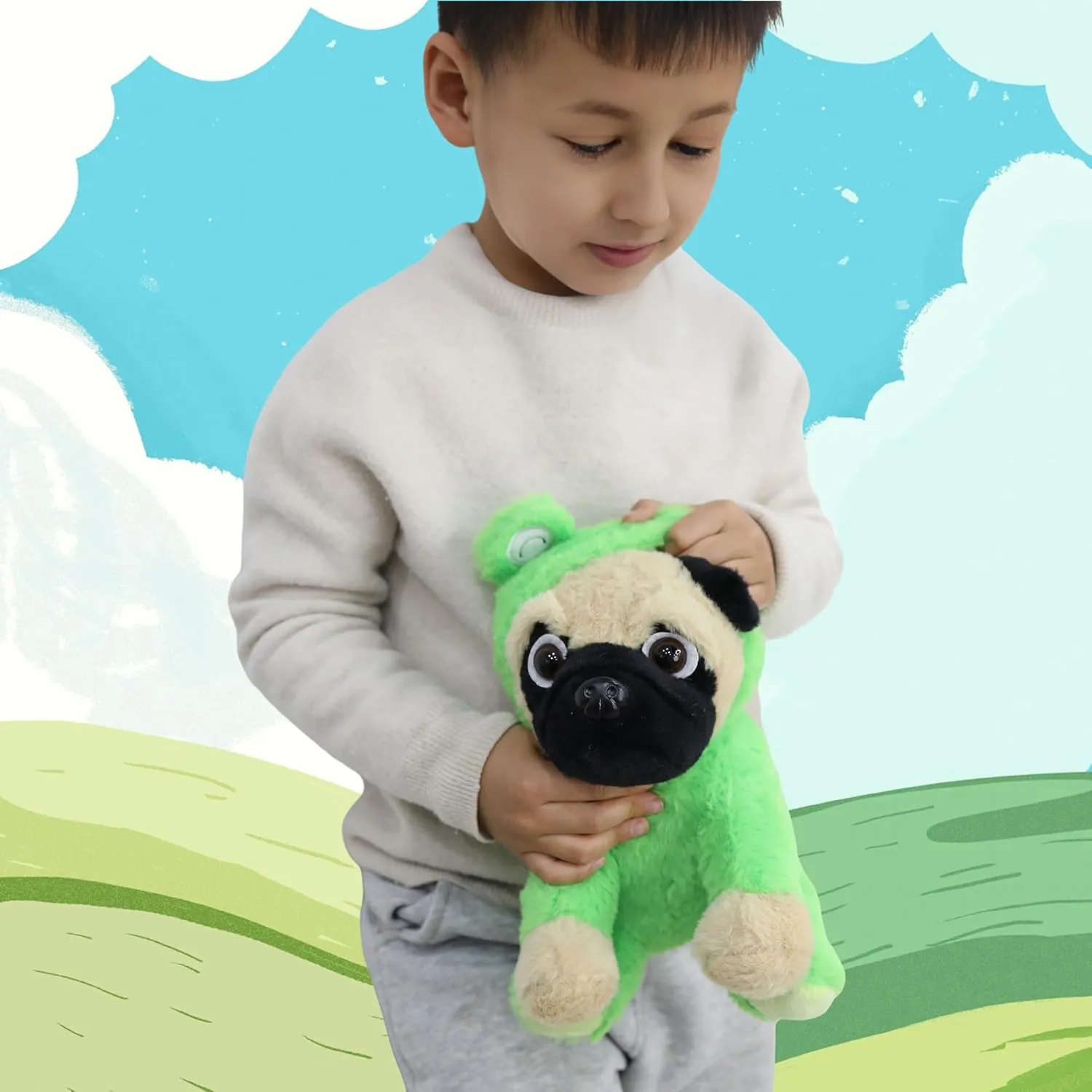 Pug Stuffed Animal Wearing Frog Costume Plushies Puppy Dressed as Green Froggy Funny Plush Toys for Kids Stuffed Dog Animals for Kids and Lover 12 Inch