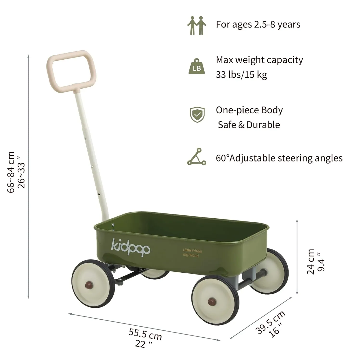 PULA-Wild 2-in-1 Kids' Pull-Along Wagon Toddlers Push Walker for 2.5-8 Adjustable Handlebar, Birthday Gifts Max Weight 33 lbs (Green)